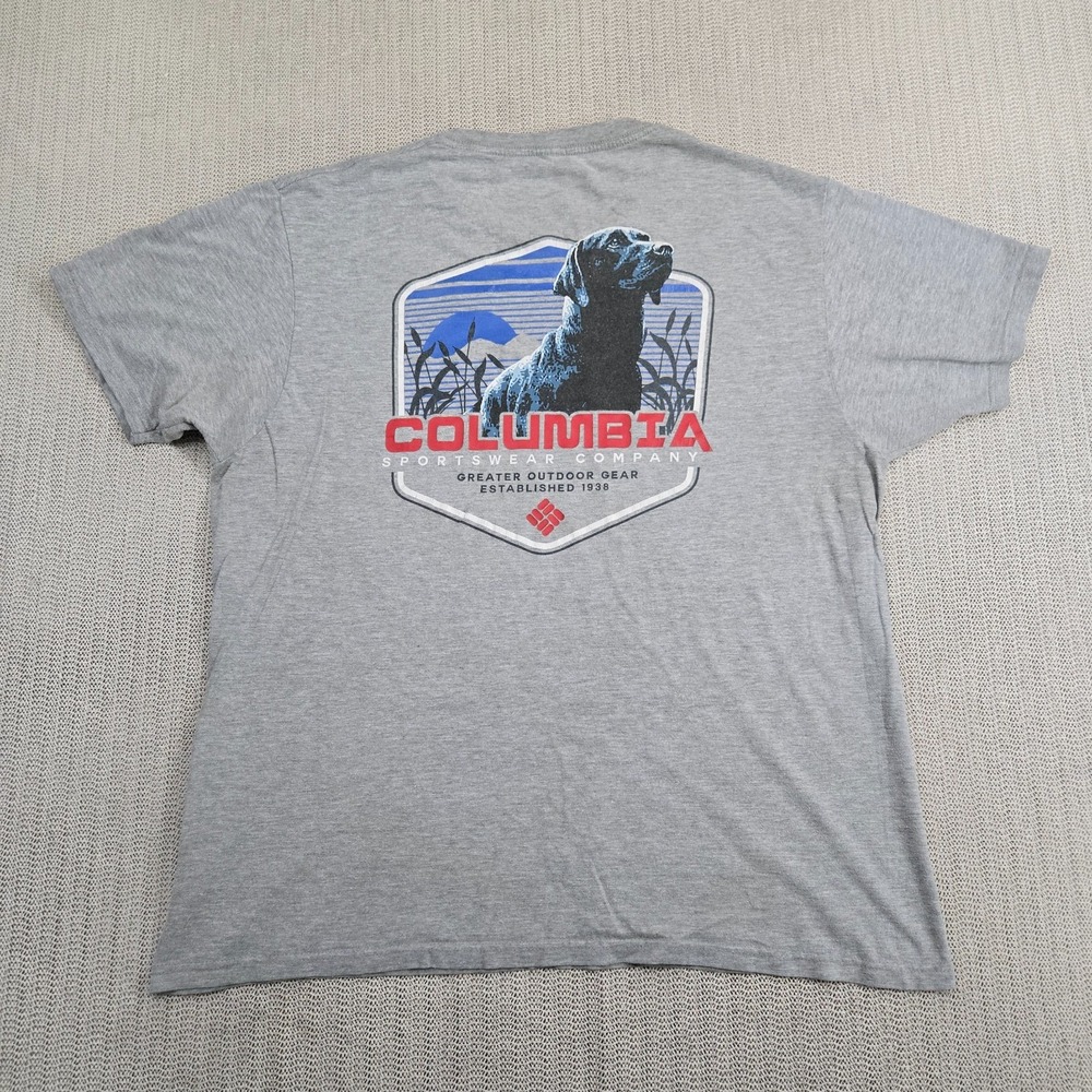 Columbia Shirt Mens Large Gray Dog Graphic Short Sleeve Outdoor Hunting Fishing